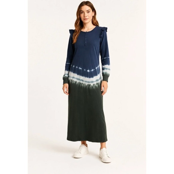 Z Supply Dresses & Skirts - Z Supply Black Iris Tie Dye Ruffle Maxi Dress Long Sleeve Navy Olive NWT S
